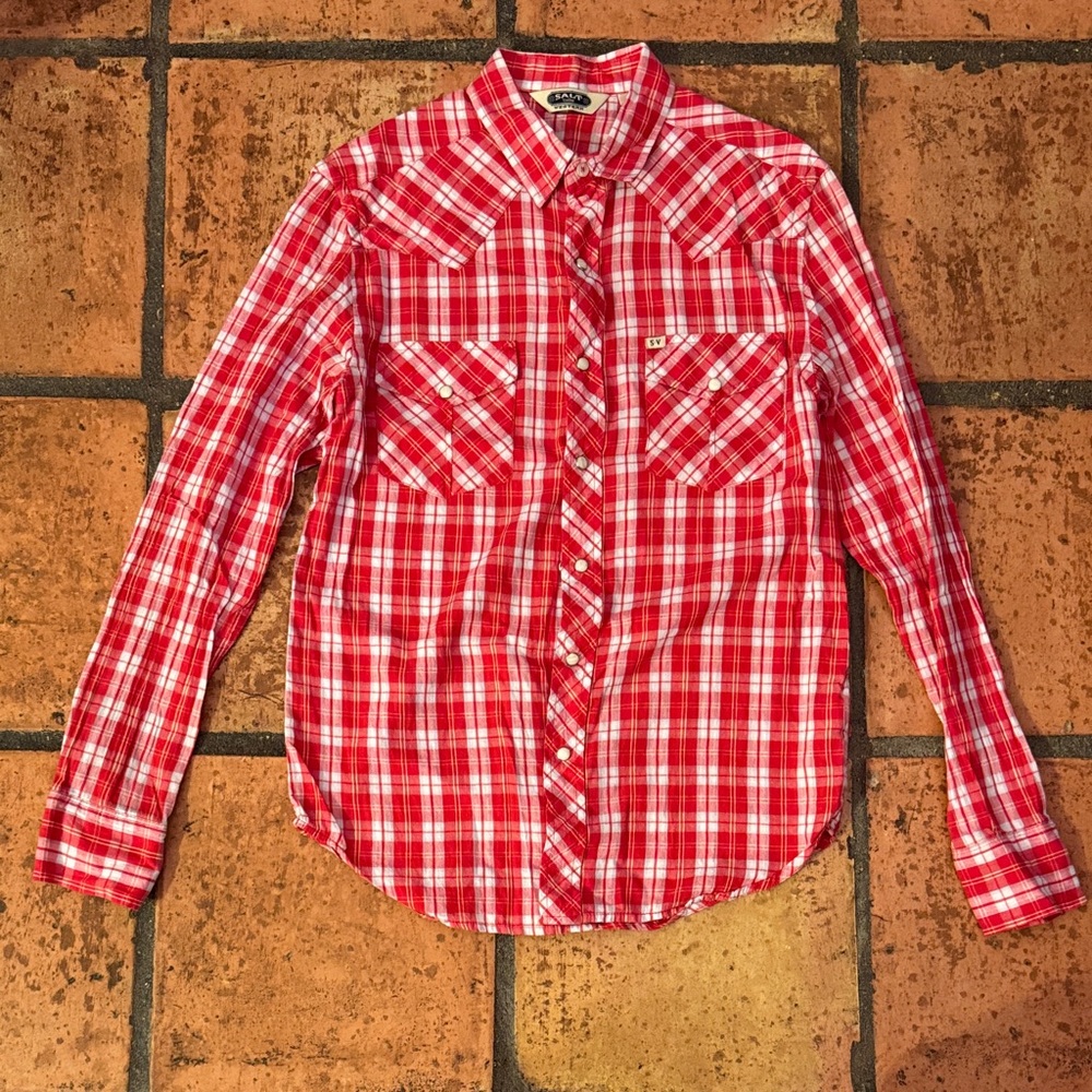 Urban Outfitters Men’s Red Plaid Western Shirt with Pearl Snaps.